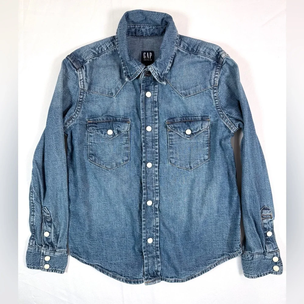 GAP KIDS Denim Medium Wash Long Sleeve Western Cowboy Button‎ Down Shirt Size S